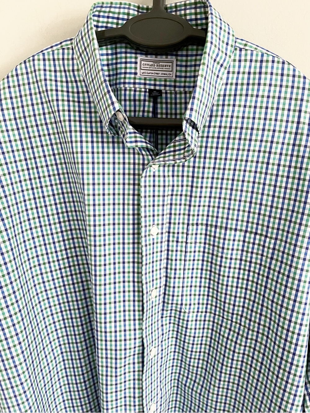 Onward Reserve blue and green plaid, button-down shirt